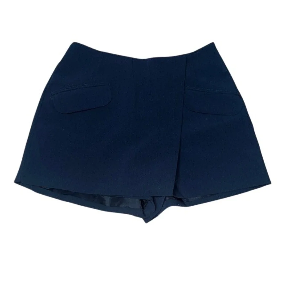 Anthropologie Maeve Tailored Skort Wrap Front Side Zip‎ Mini Pocket Navy Blue 4